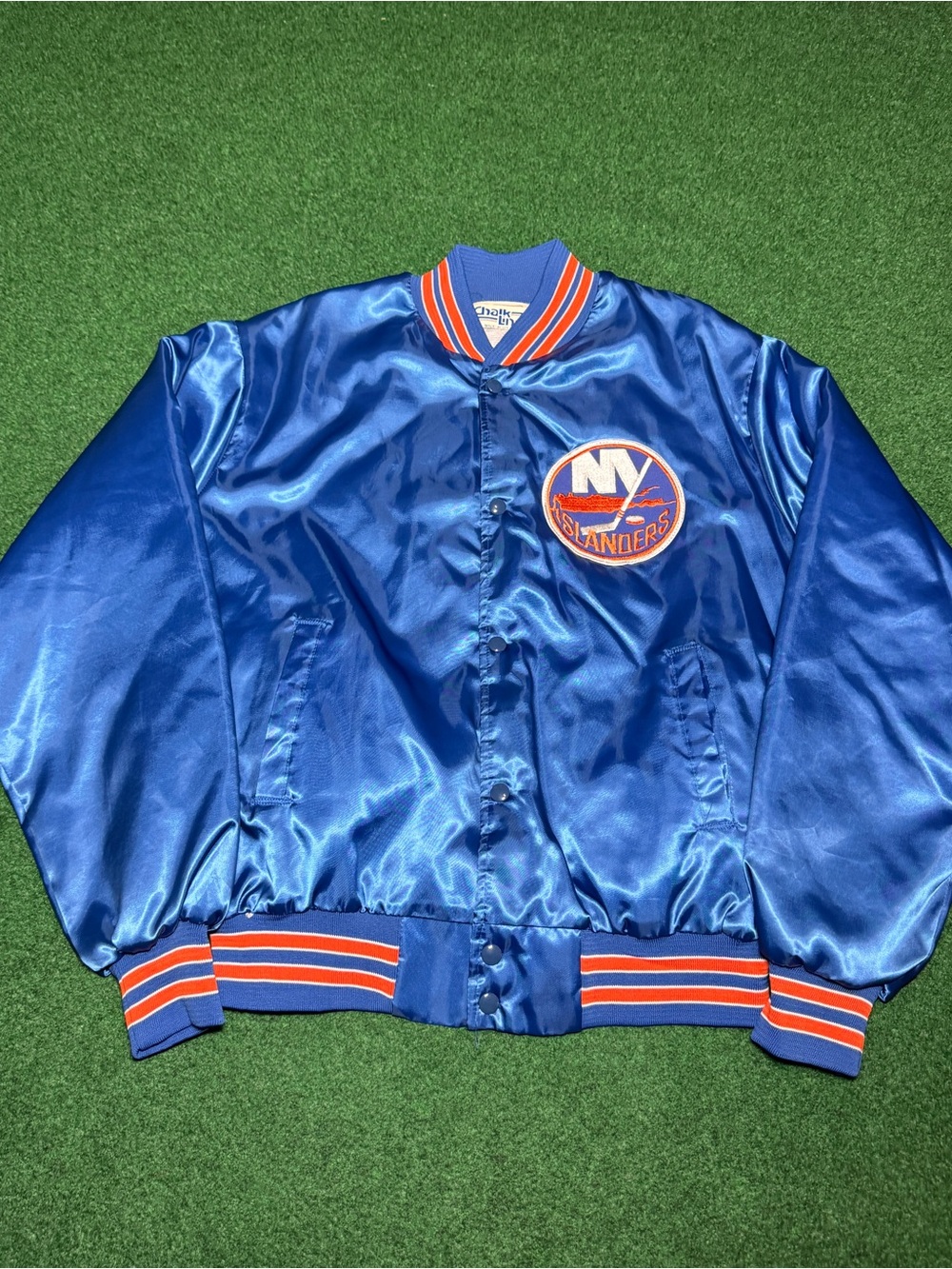 Vintage 80s New York Islanders Satin Bomber Jacket, Chalkline Hockey (Large)